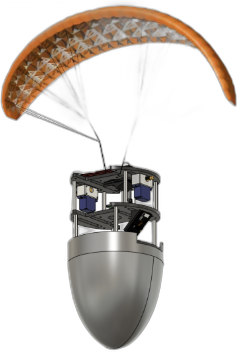 CanSat payload suspended beneath its orange paraglider in a CAD rendering